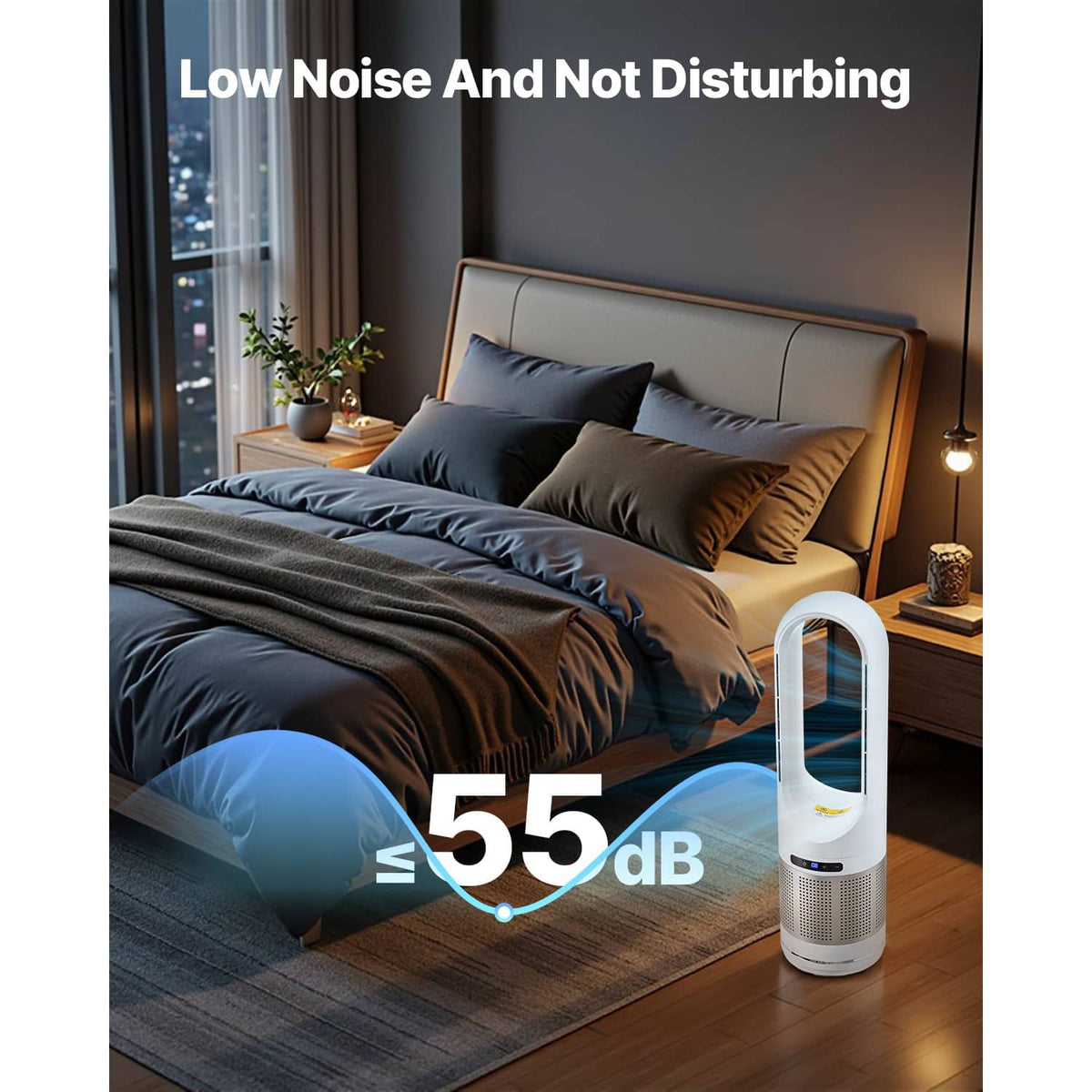 White bladeless tower fan air purifier standing on floor near a bed
