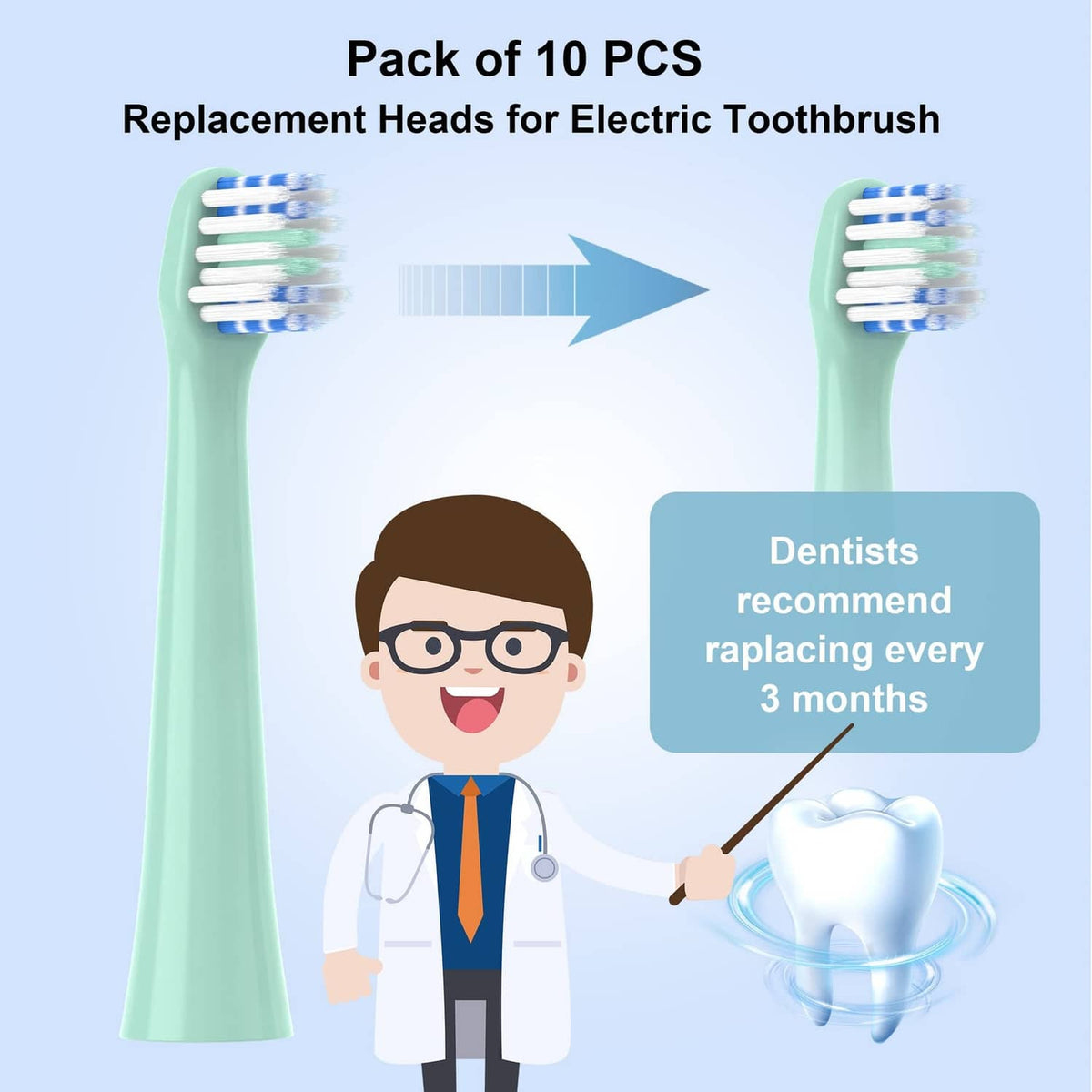 Green electric toothbrush replacement heads with white bristle rows and protective covers