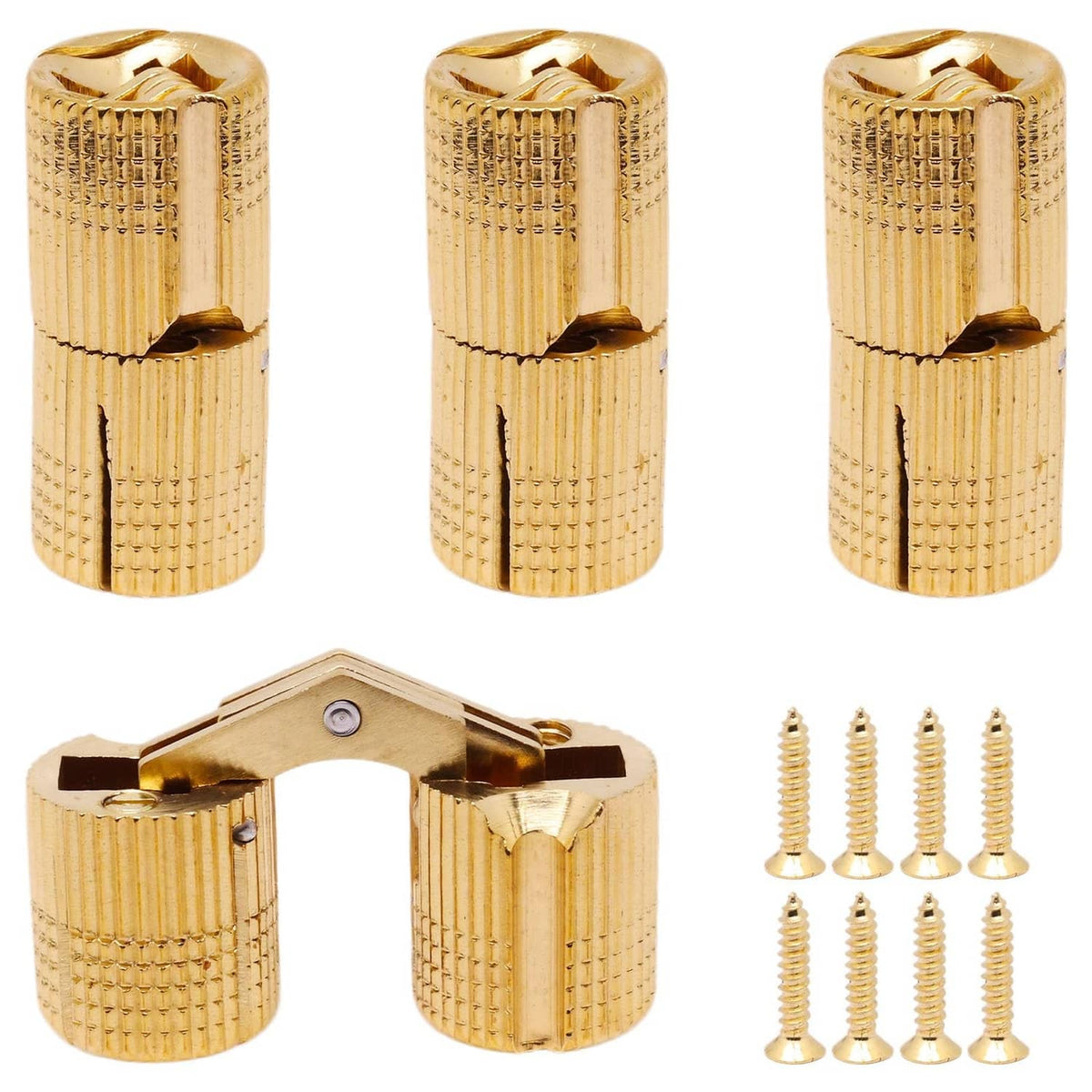 Brass-finish concealed barrel hinges, compact cylindrical body with pivot arm