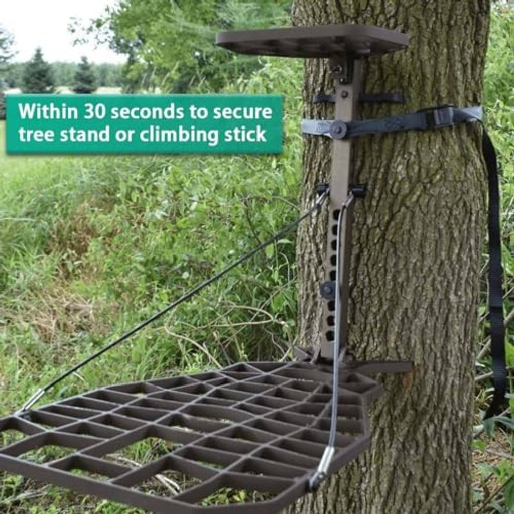 Black webbing strap with buckle securing a climbing stick to a tree