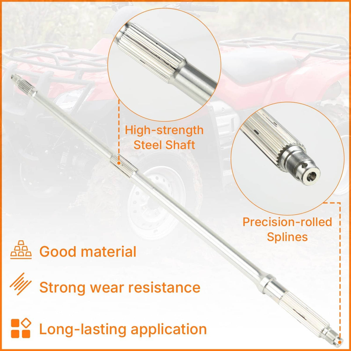 Steel axle shaft with splines connected to rear differential housing, silver metal
