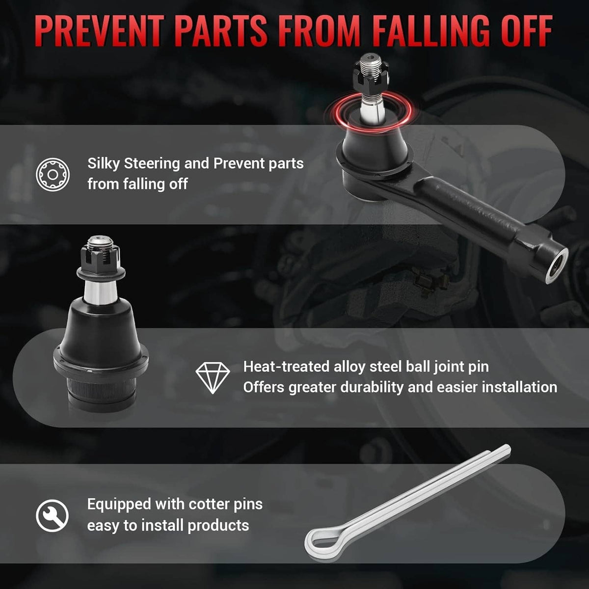Heat-treated ball joint control arm with cotter pin hardware, black steel components