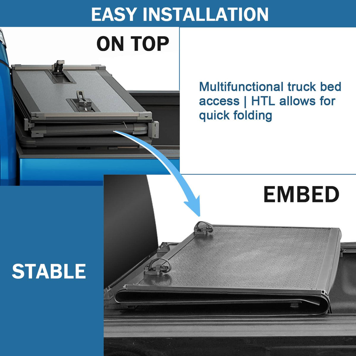 Hard tri-fold tonneau cover installed in truck bed with embedded hinge area