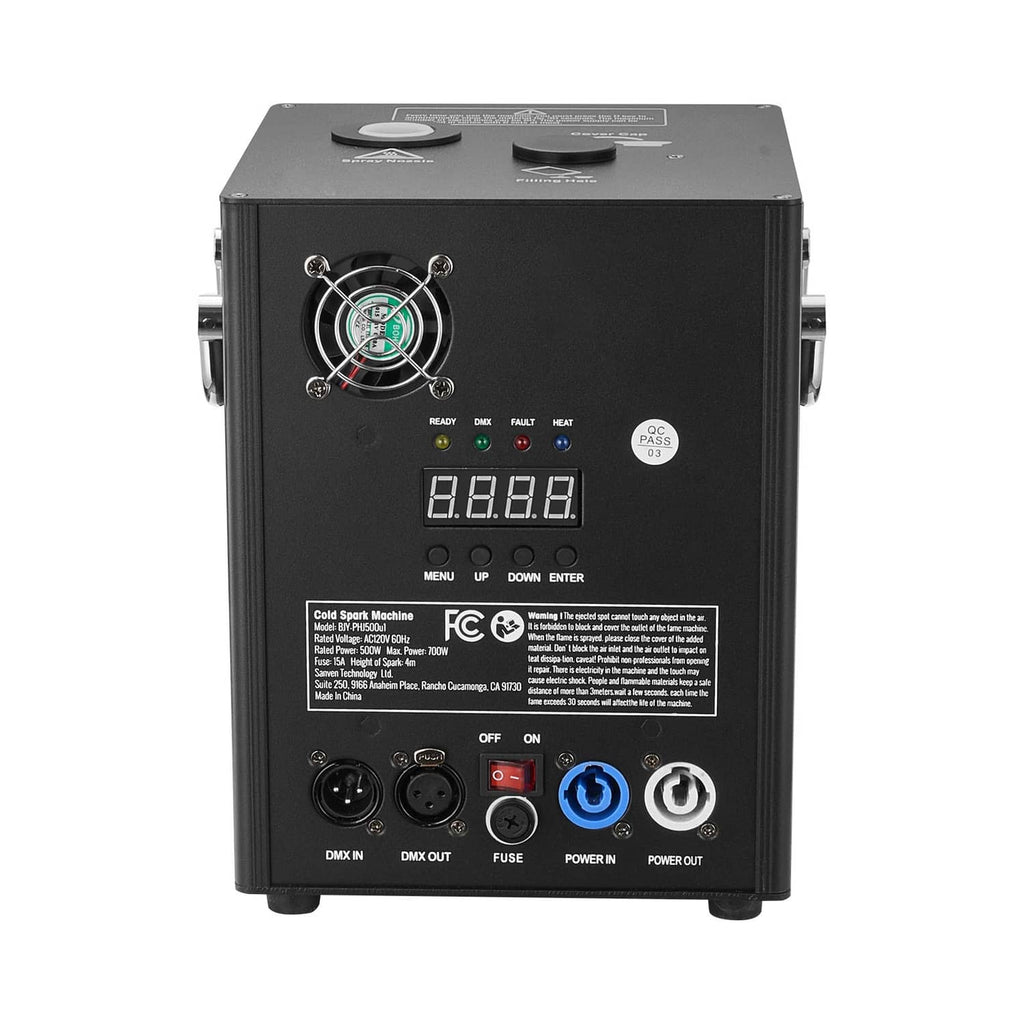 Black cold spark stage machine rear panel with DMX in/out, fuse, and power buttons