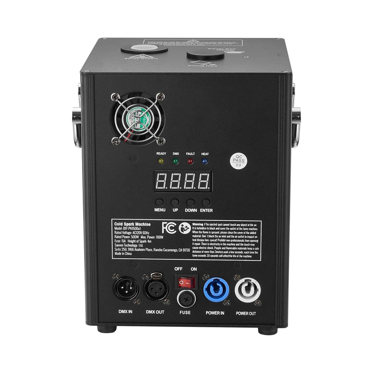 Black cold spark stage machine rear panel with DMX in/out, fuse, and power buttons