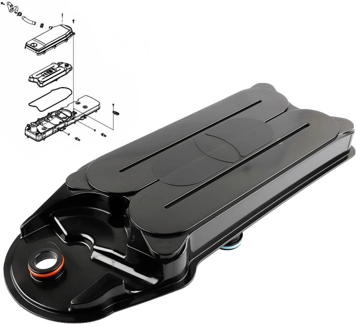 Black engine crankcase ventilation filter breather housing with round inlet port and vent lines
