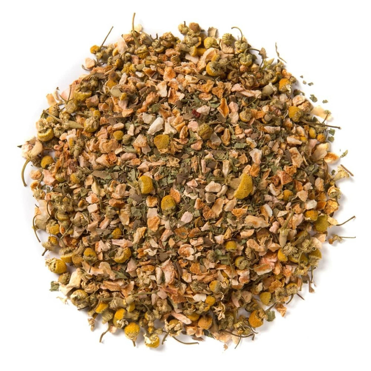 Loose leaf herbal tea blend, mixed dried herbs and petals in a heap