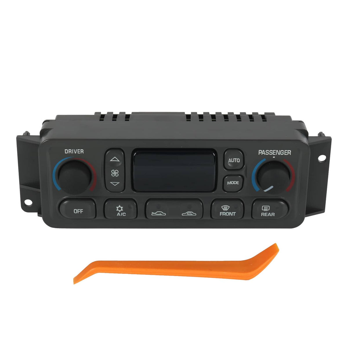 Car climate control panel with AUTO button, MODE, front/rear selectors, and dials