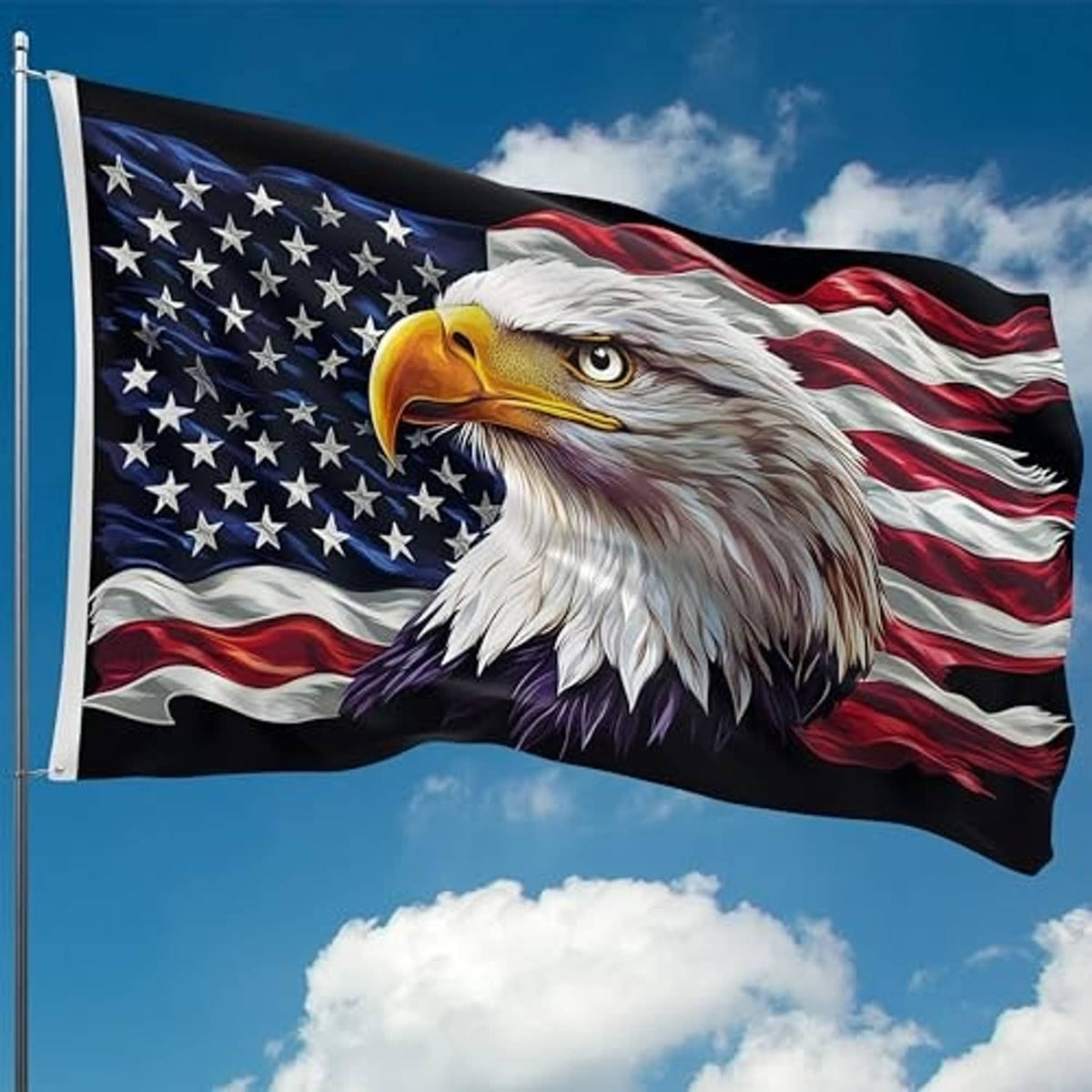 Bald eagle stars and stripes flag hanging on a pole against the sky