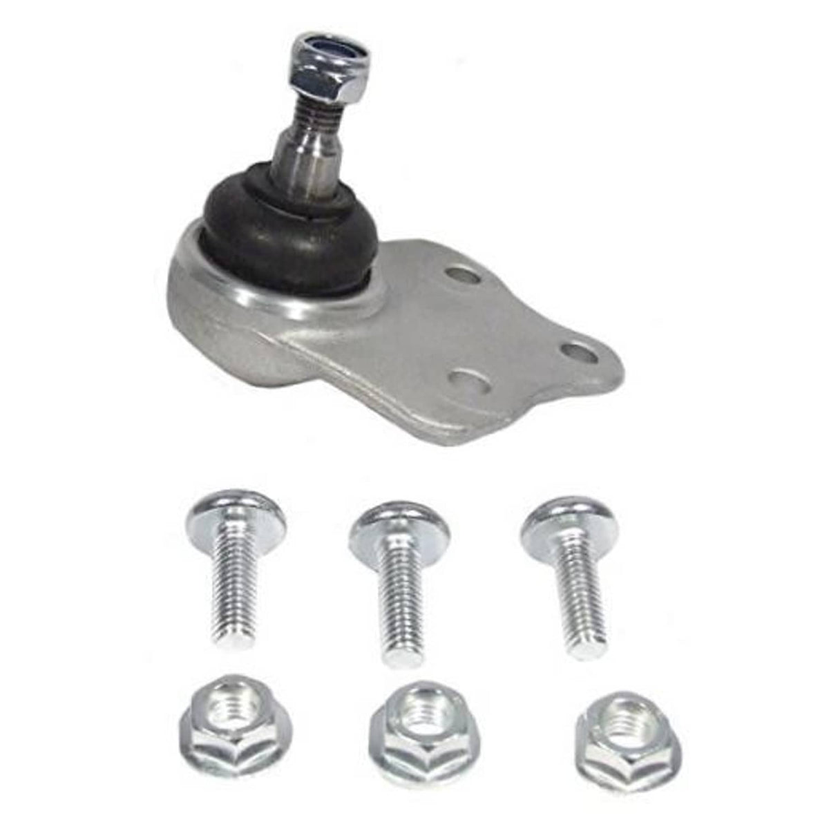 Suspension ball joint with black boot and metal bracket, plus six mounting bolts