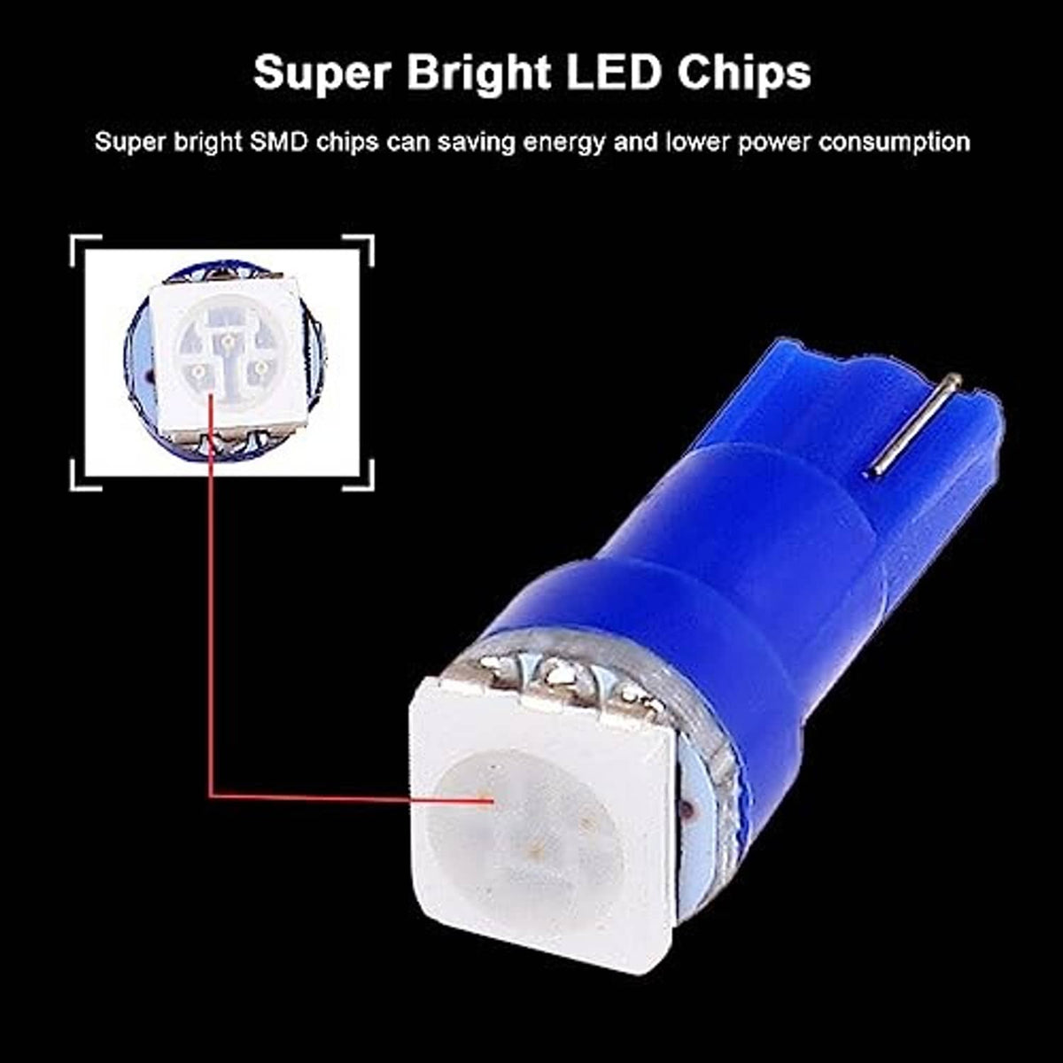 Blue T5 wedge LED bulb with white lens face and visible internal LED chips