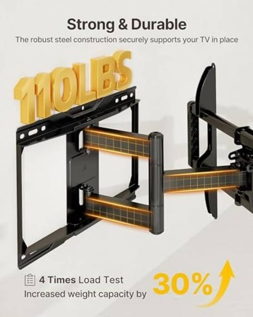 Full motion TV wall mount with sturdy steel frame and load-test style graphic