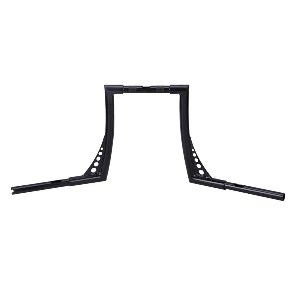 14 inch rise ape hanger handlebar bar, black metal with drilled accents on uprights