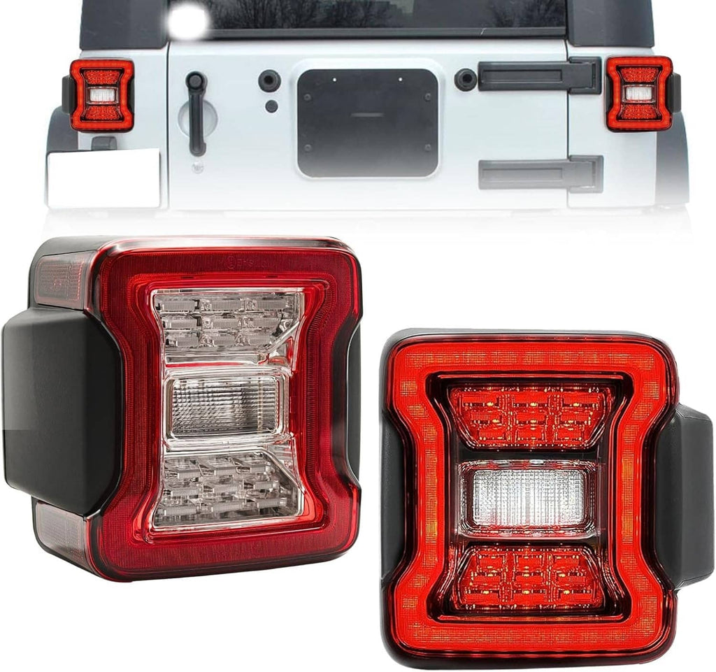 LED rear tail light pair, one with clear and red light sections, front view