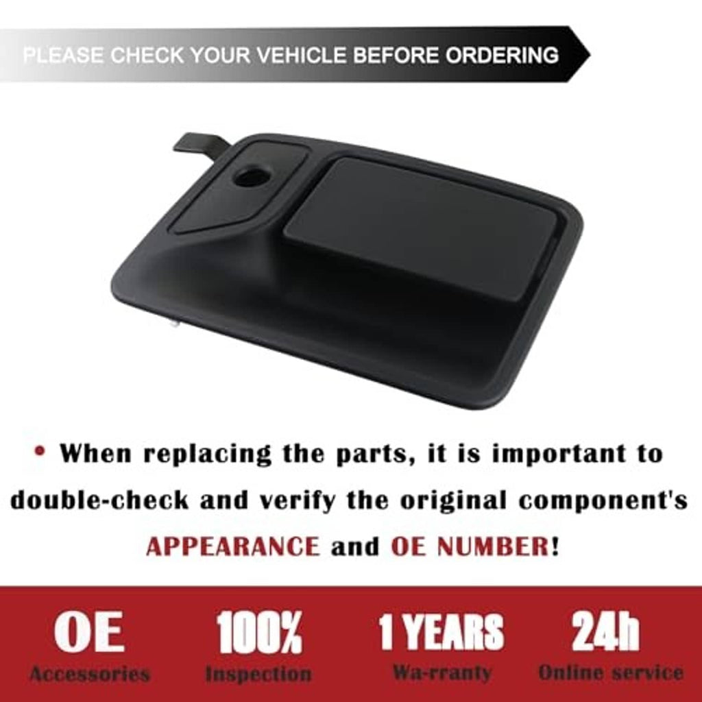 Black exterior door handle with rectangular pull surface and key cylinder opening.