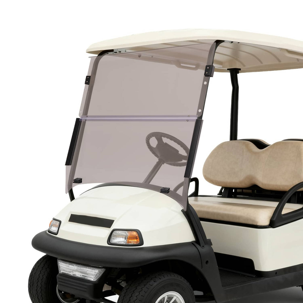 Tinted fold-down golf cart windshield with black hinges and clear smoke panel