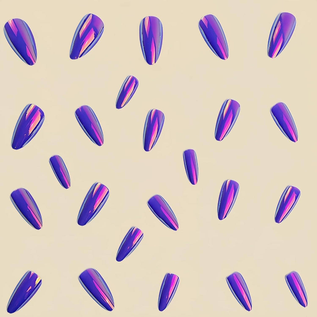 Purple chrome almond press-on nails scattered display, glossy reflective purple