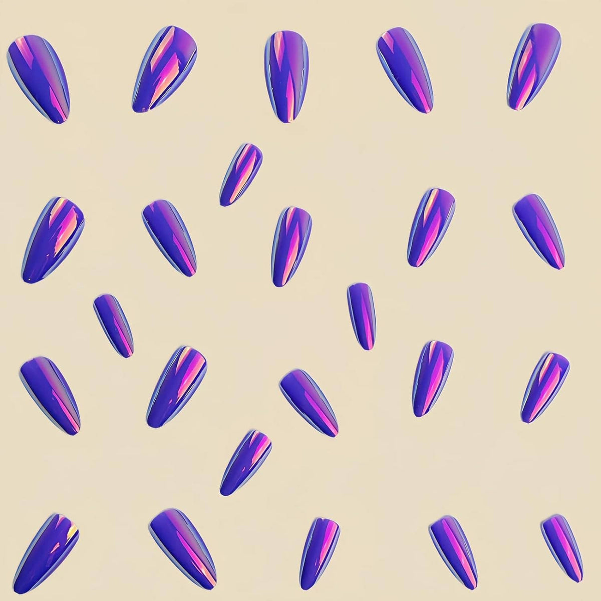 Purple chrome almond press-on nails scattered display, glossy reflective purple