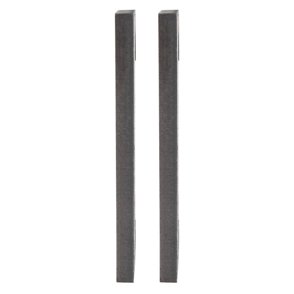 Two dark steel loader mount plates, slim profile with U hook ends and bolt holes