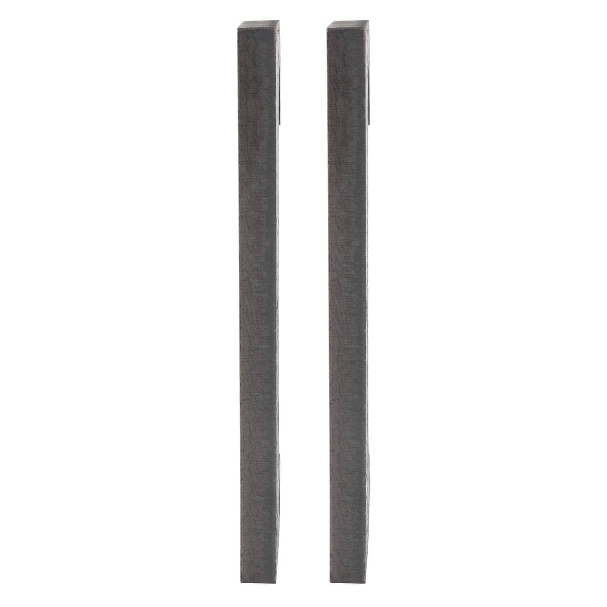 Two dark steel loader mount plates, slim profile with U hook ends and bolt holes