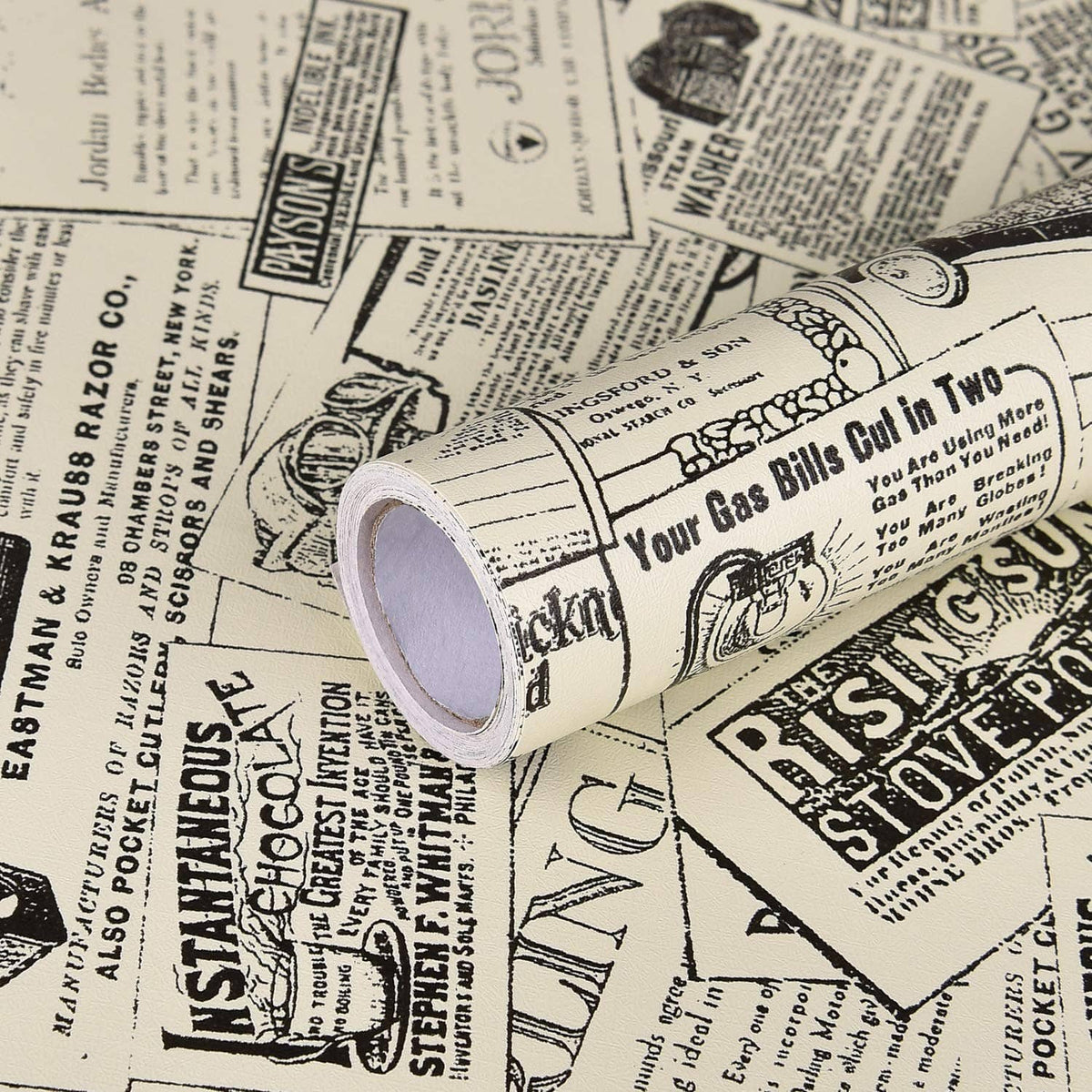Vintage newspaper-style peel-and-stick contact paper roll on a neutral background