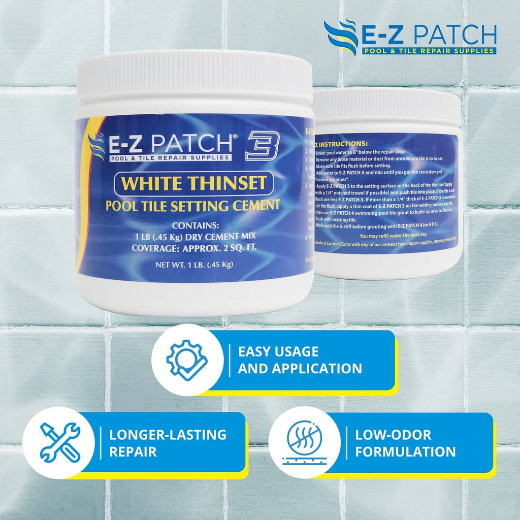 Two white thinset pool tile setting cement tubs with screw lids