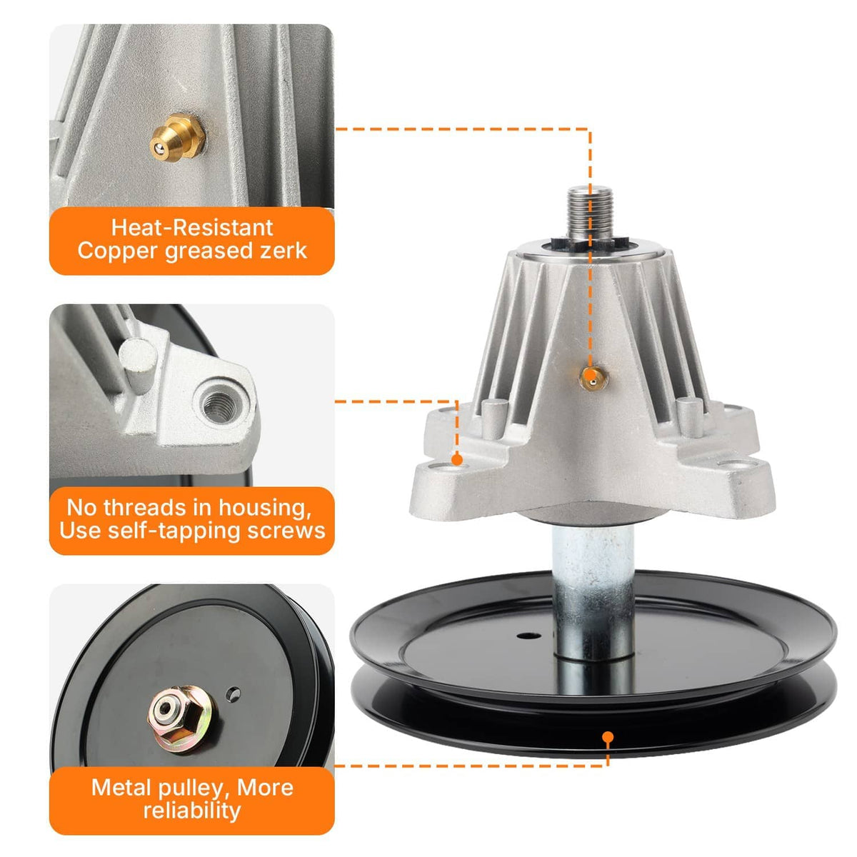 Deck spindle assembly detail with gold-toned fitting, pulley and self-tapping screws