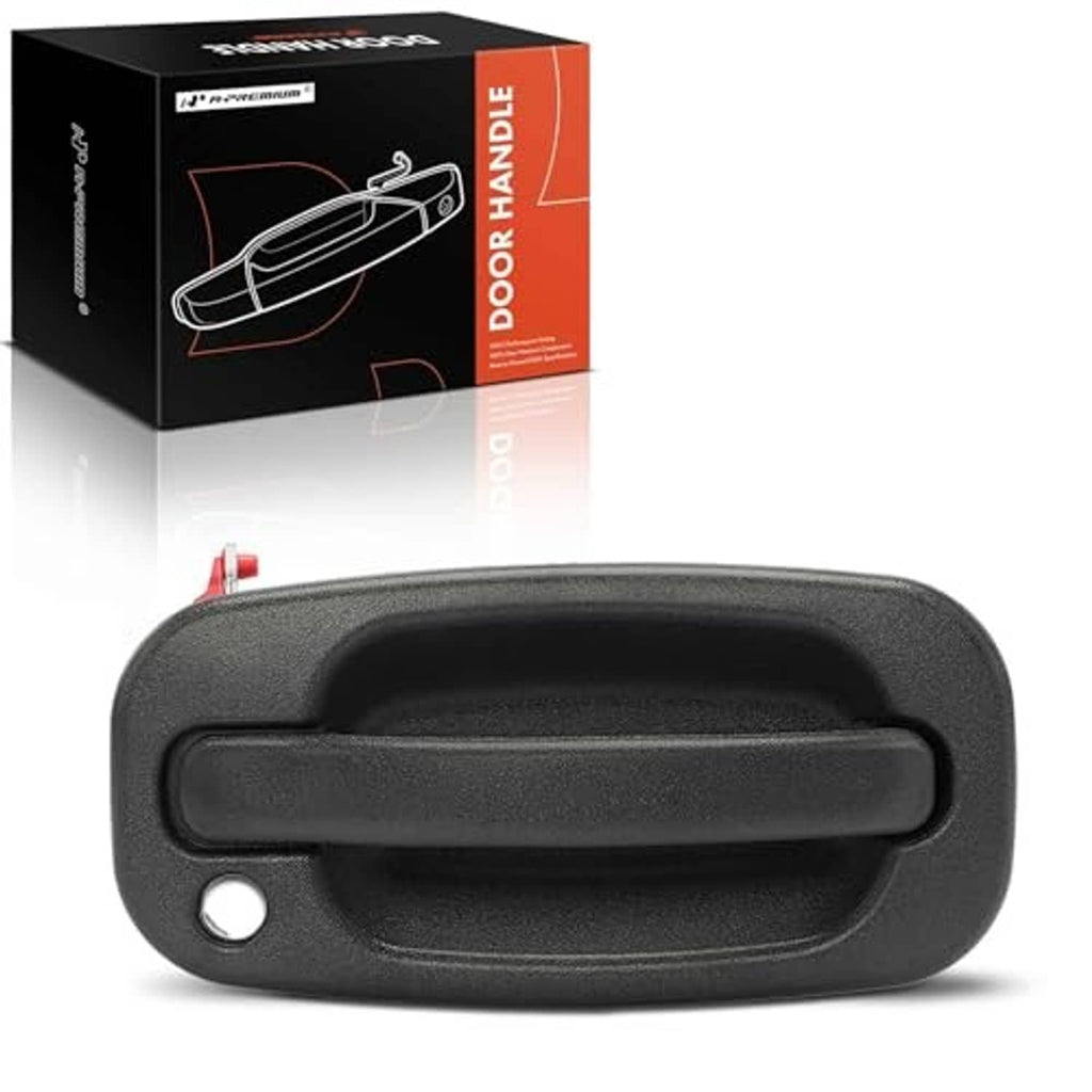 Textured black exterior door handle with round keyhole, curved lever