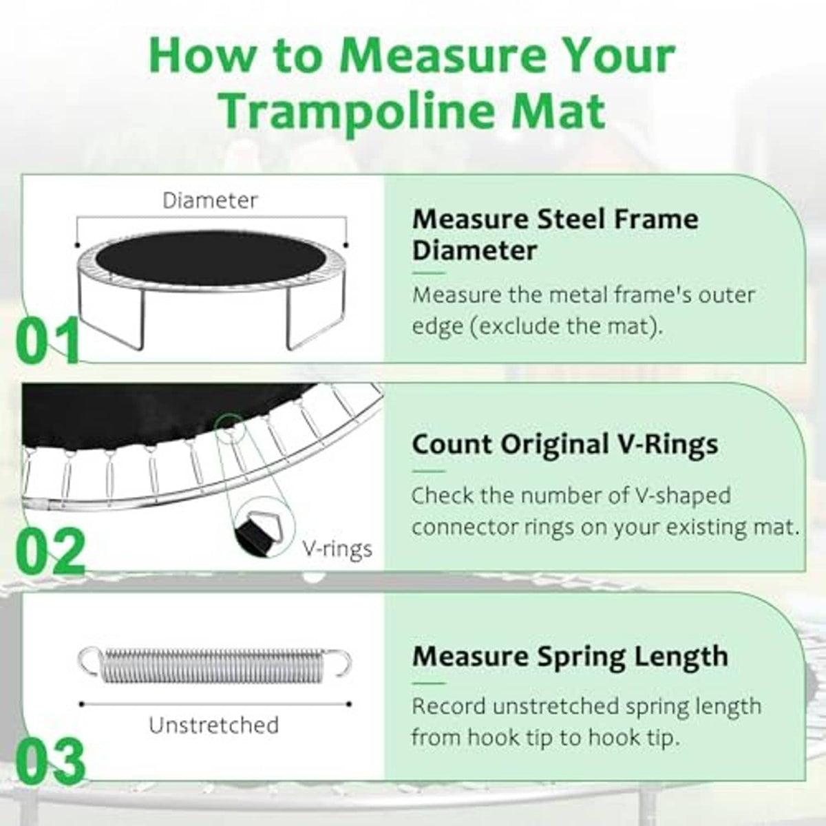 Black trampoline replacement mat with diagram showing how to measure diameter