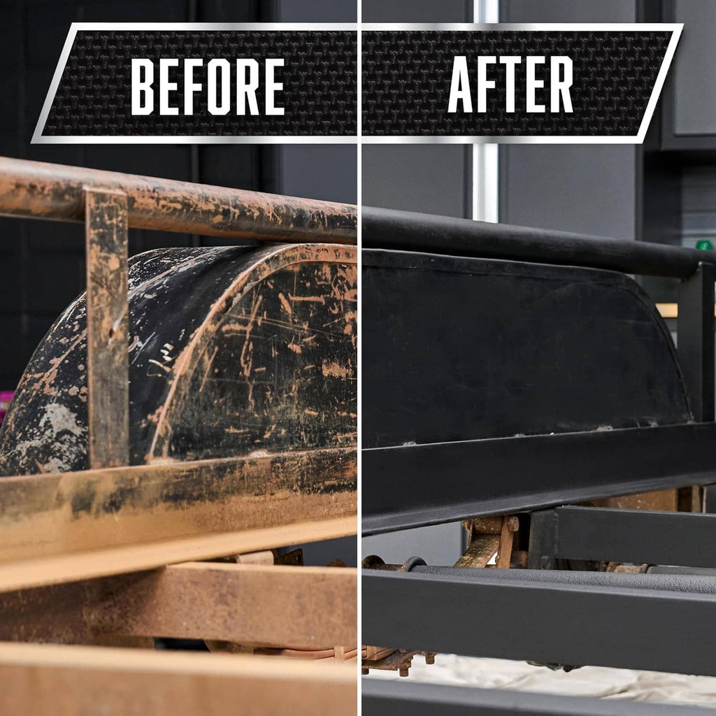 Before-and-after view of coated metal bar from Rust-Oleum Rust Reformer