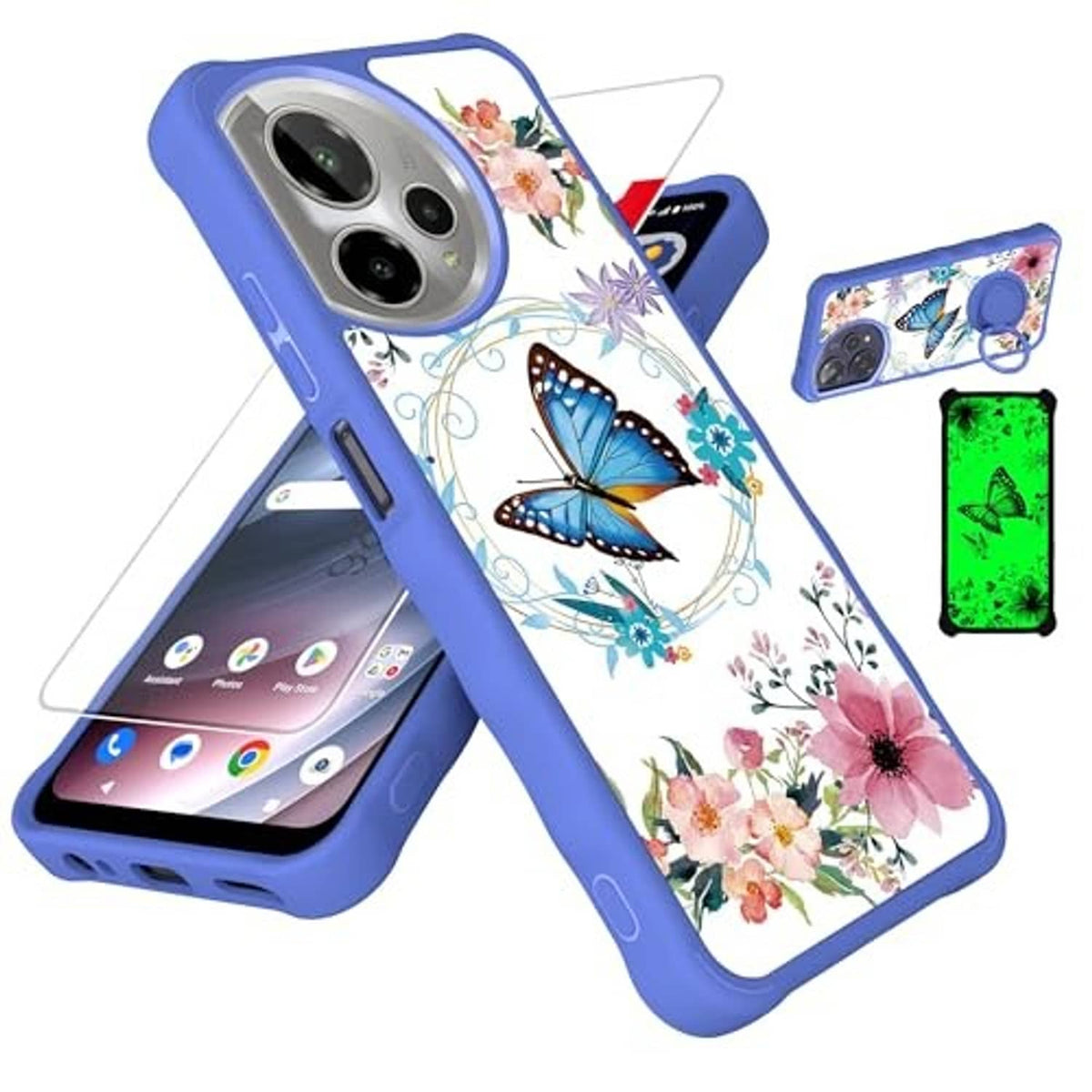 Blue floral butterfly phone case with camera openings and matching ring holder on back