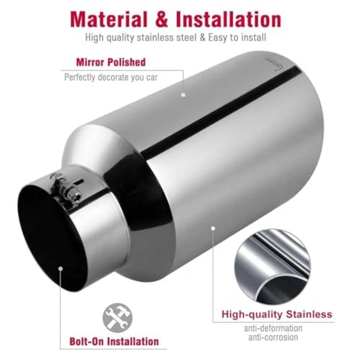 Mirror-polished stainless exhaust tip with bolt-on clamp and black inner outlet