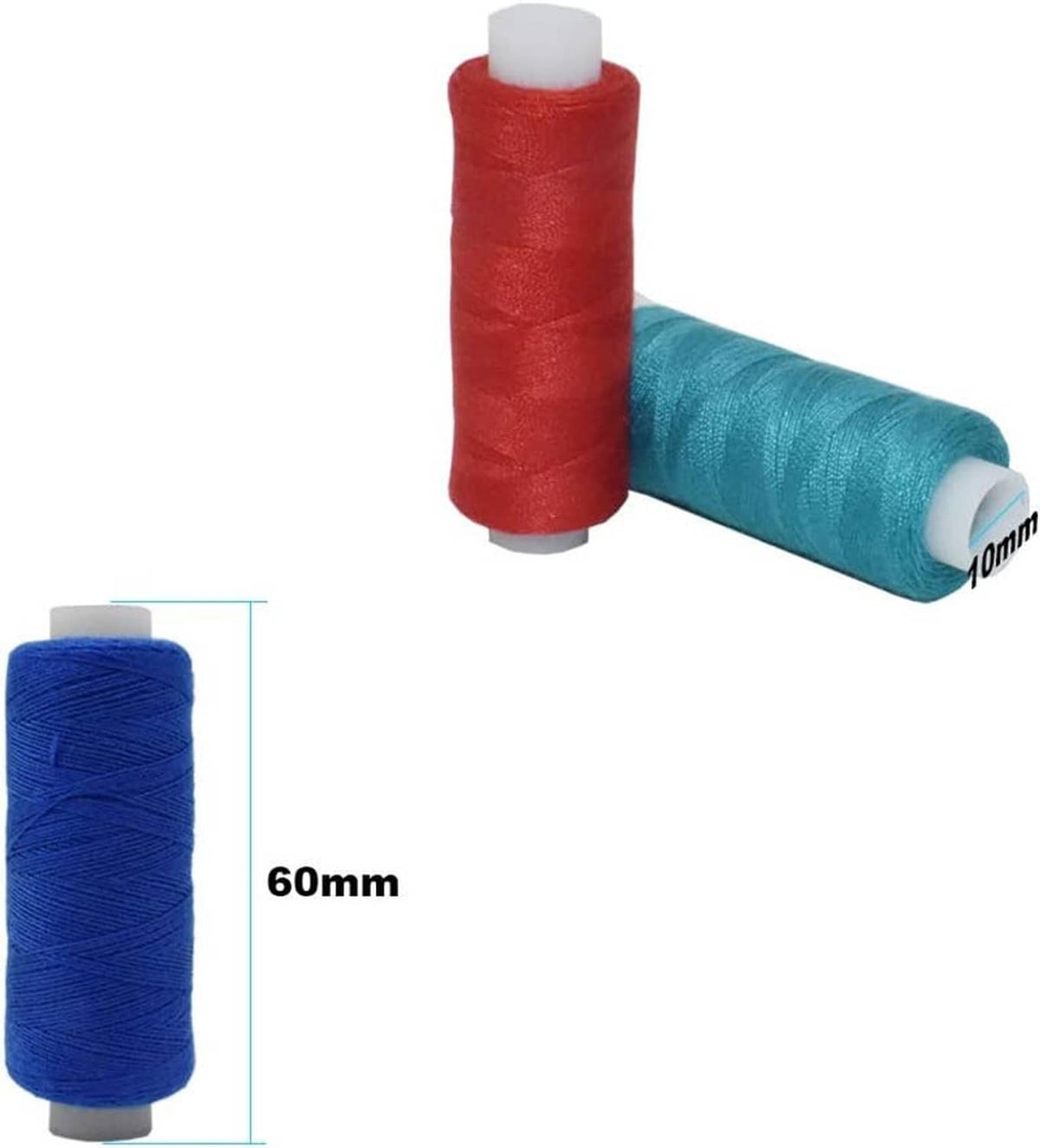 Polyester thread spools, red and teal thread with 60mm height reference