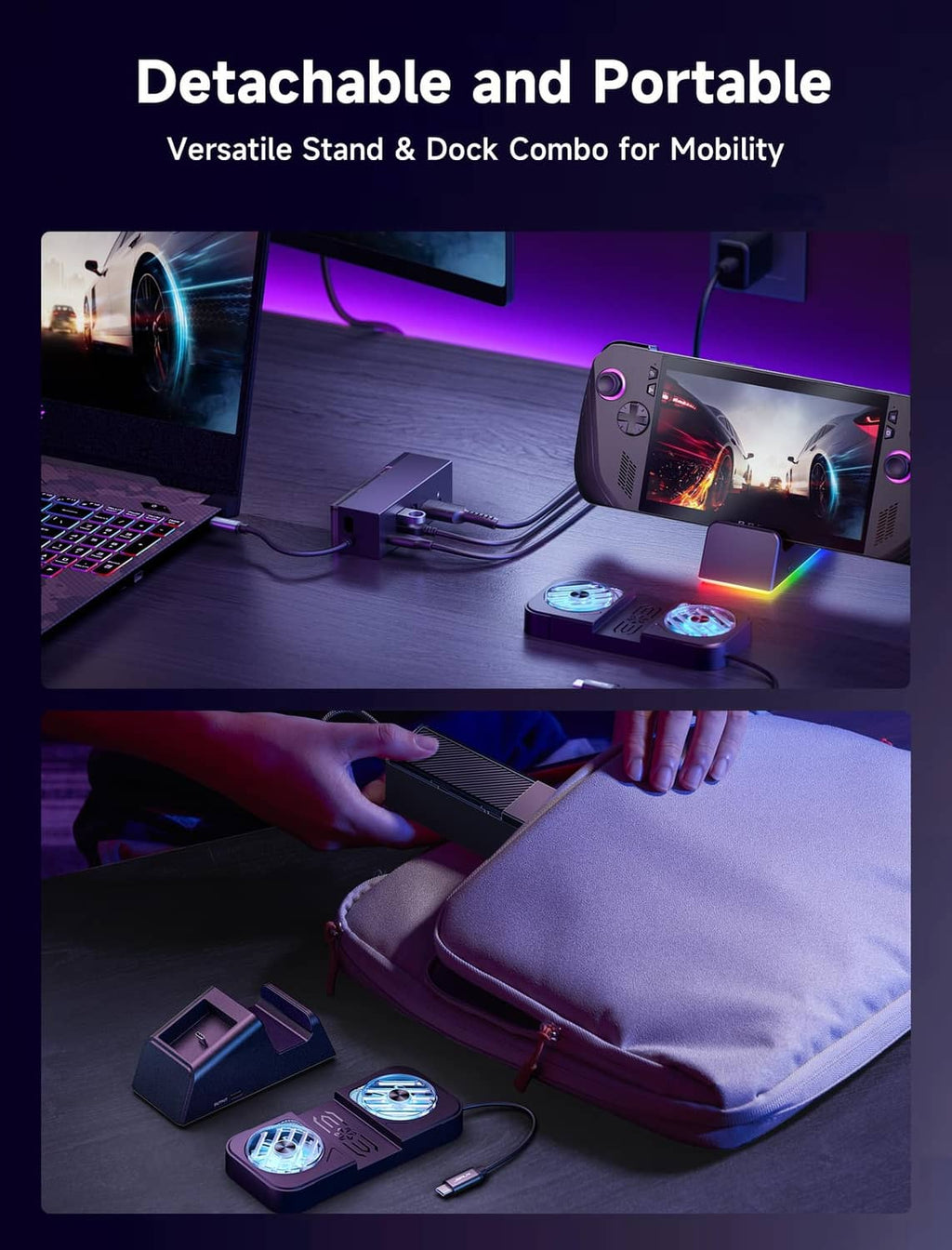 Portable black docking station stand with detachable design and RGB cooling fans