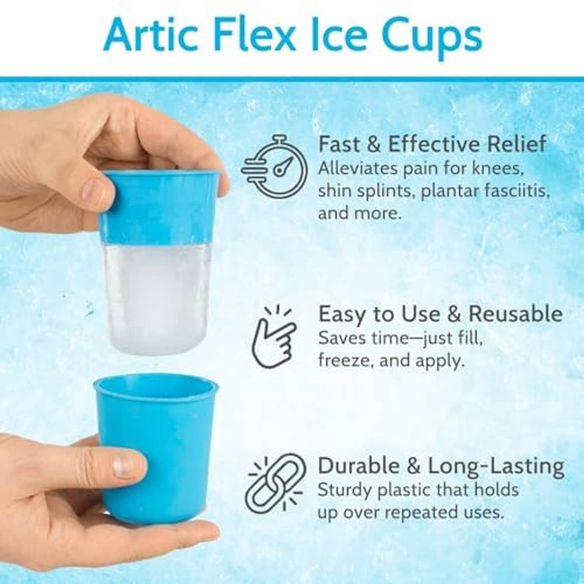 Portable ice cup, clear freezer insert with blue outer cup base held in hand