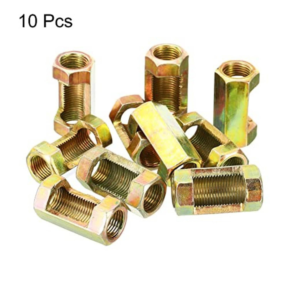 10 pcs zinc-plated hex coupling nuts with female threads, yellow-gold finish
