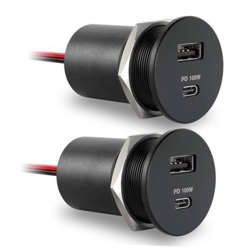 Two black recessed car USB chargers with stacked PD 100W ports, side-by-side view