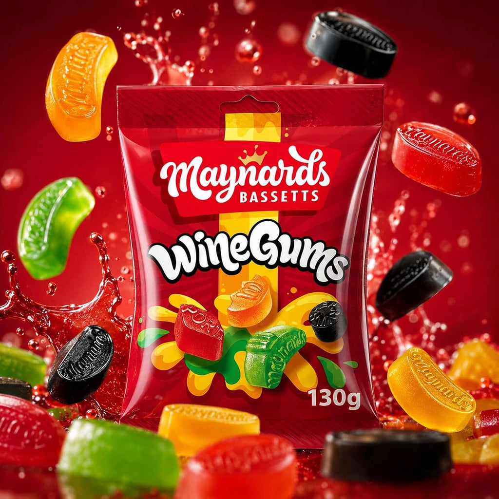 WineGums 130g candy bag with scattered black, green, and orange gummy pieces.