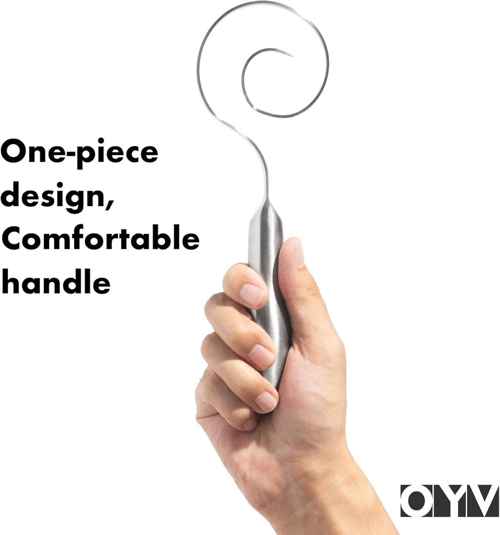 Stainless steel dough whisk with one-piece seamless design, held in a hand