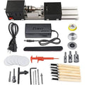 Wood lathe machine kit with power unit, tools, accessories, and wood shaping parts