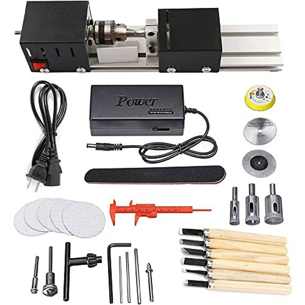 Wood lathe machine kit with power unit, tools, accessories, and wood shaping parts