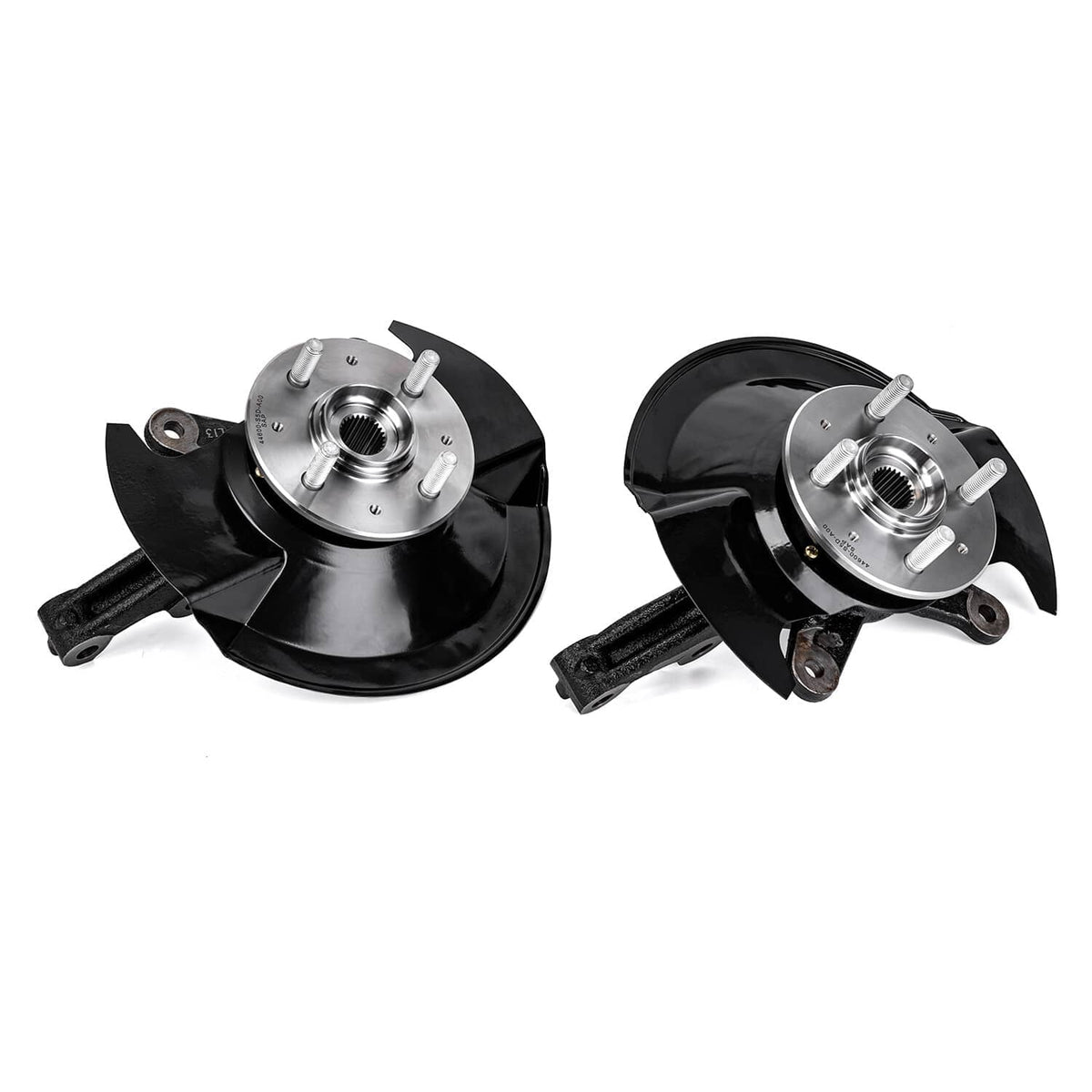 Front wheel hub bearing and steering knuckle assembly, black and silver, with wheel studs