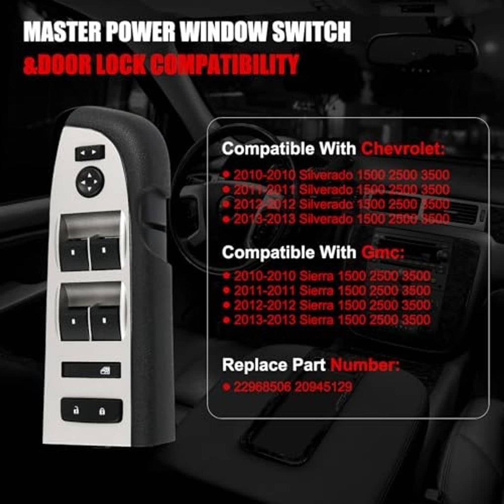 Window and door lock switch on a light gray panel with black rocker and control buttons