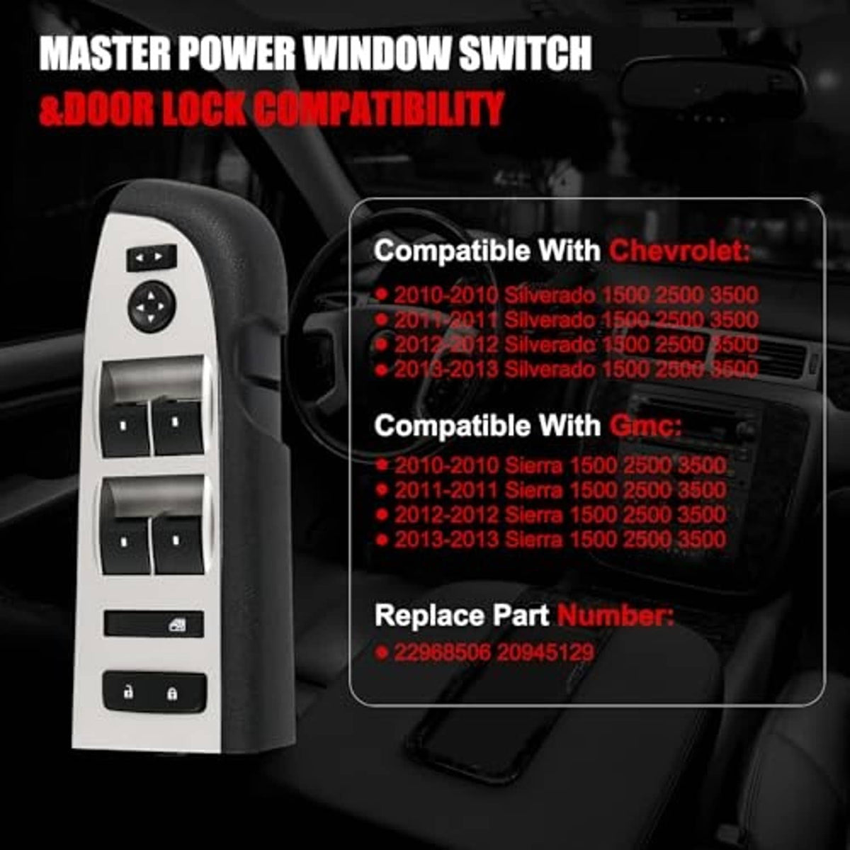 Window and door lock switch on a light gray panel with black rocker and control buttons