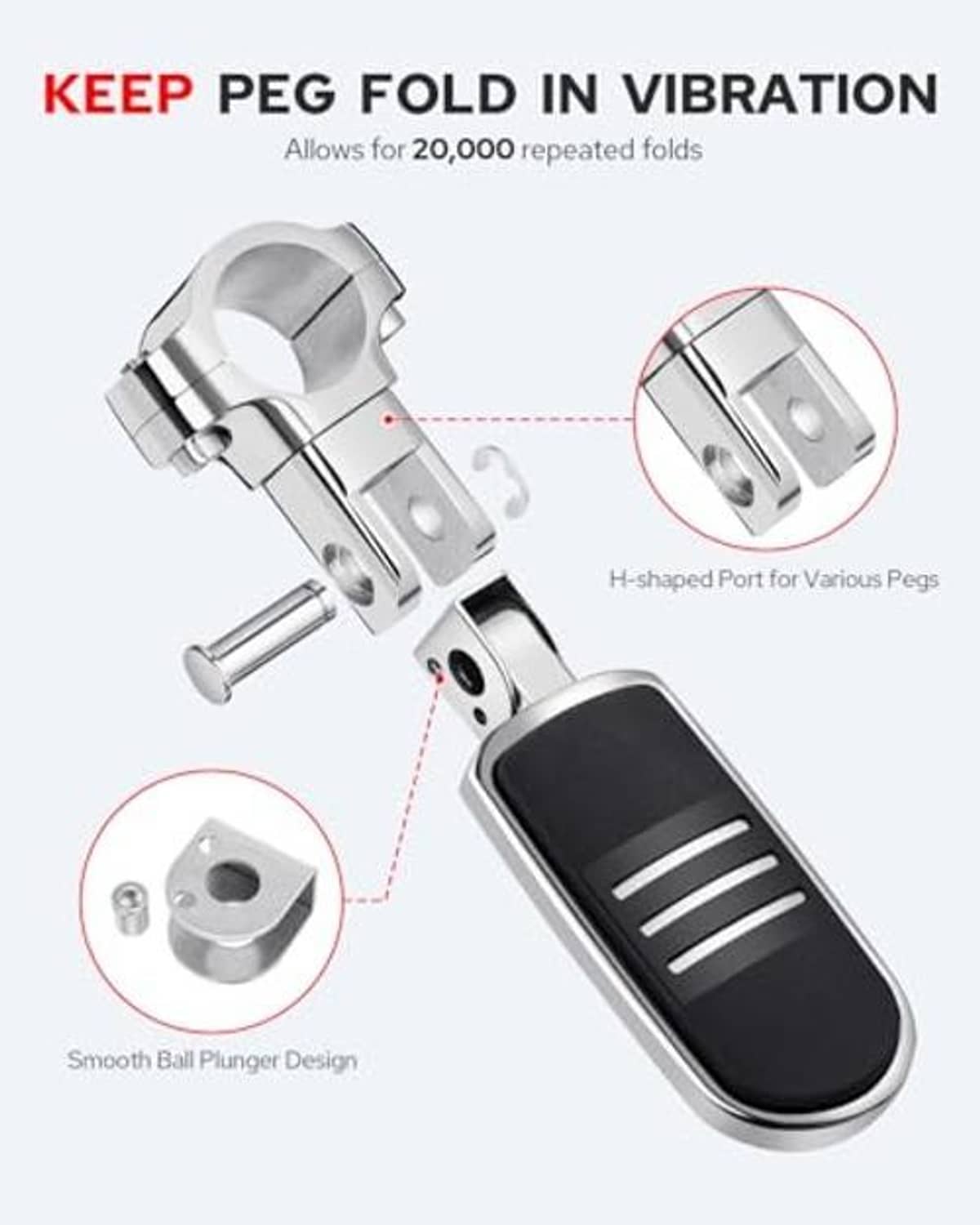 Chrome foldable highway peg with black rubber pad and hinge mount hardware
