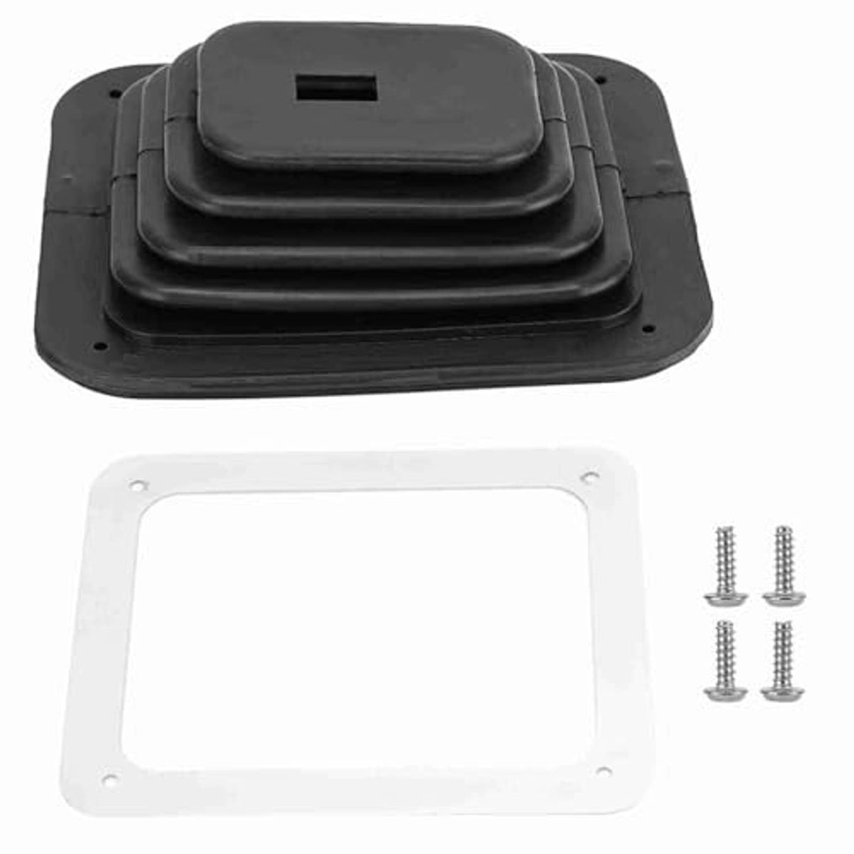 Black rubber shifter boot cover, blank plate, and four mounting screws