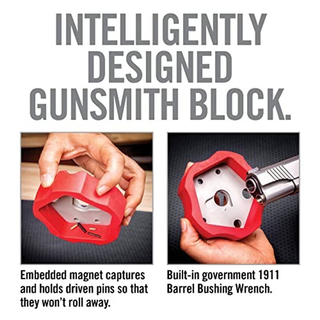 Hands holding a red gunsmithing bench block with mounted pin punch shaft