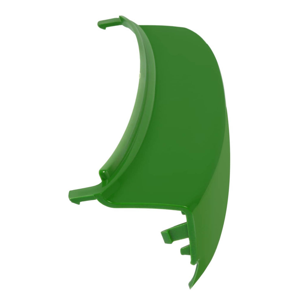 Curved green front bumper side shield with snap tabs along edges