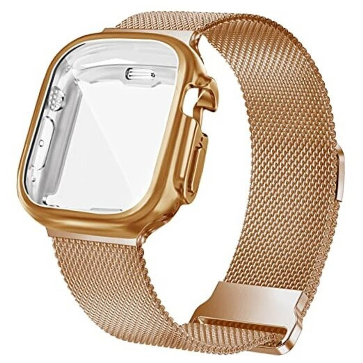 Rose gold metal magnetic watch band with mesh link and clasp for secure fit