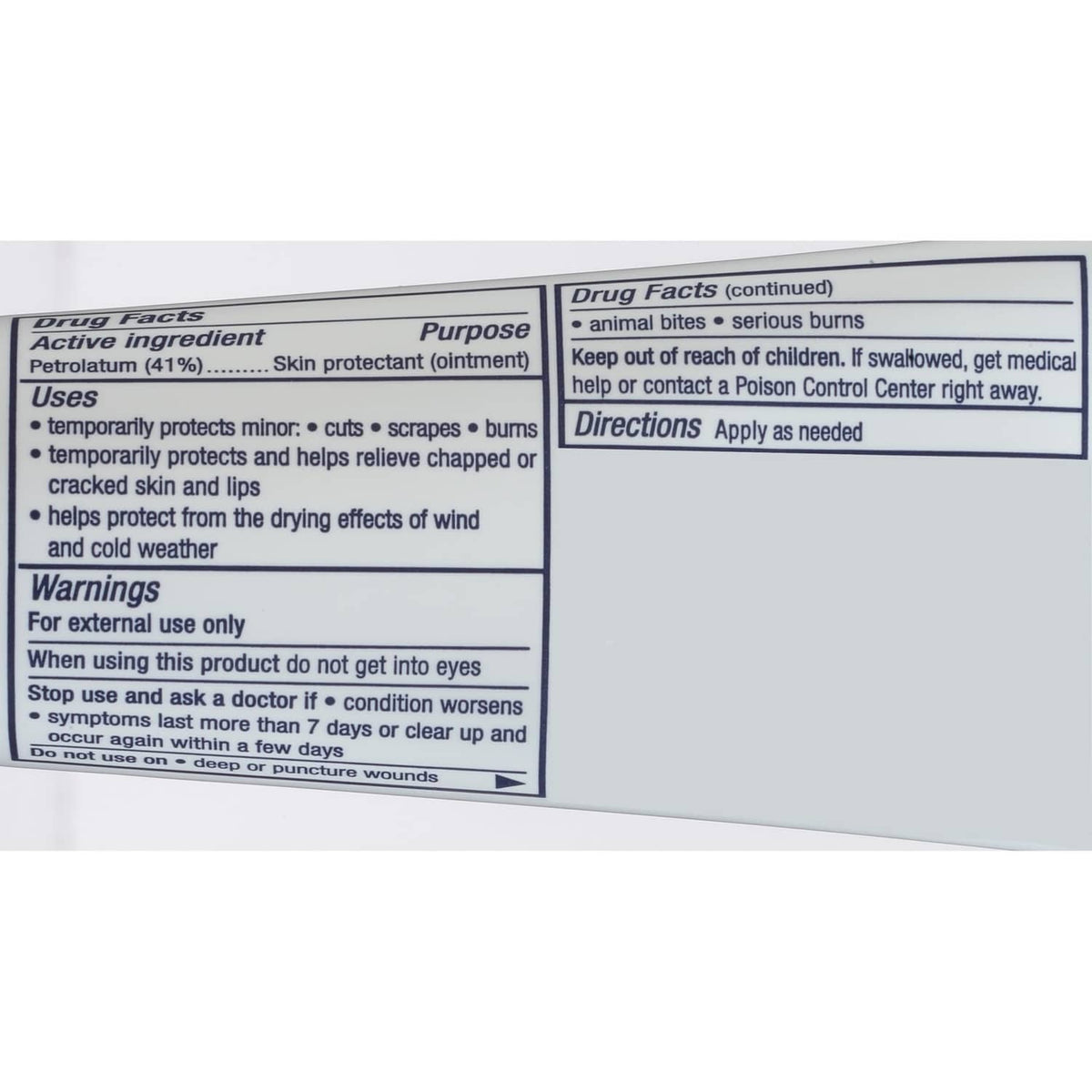 Aquaphor Healing Ointment drug facts label panel on tube, 1.75 oz